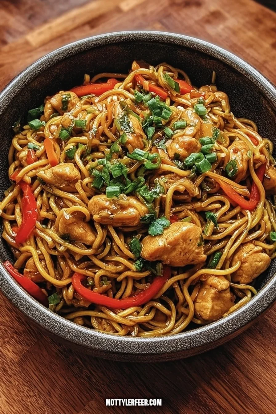 Plate of delicious chicken chow mein with colorful vegetables and noodles