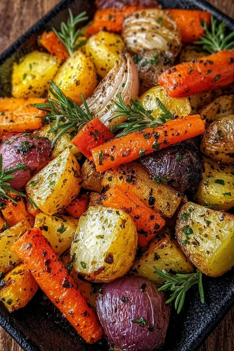 Plate of delicious garlic herb roasted veggies with vibrant colors and herbs.