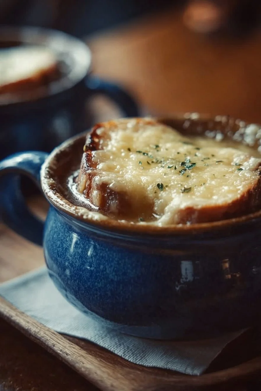Bowl of delicious homemade French onion soup topped with melted cheese and croutons
