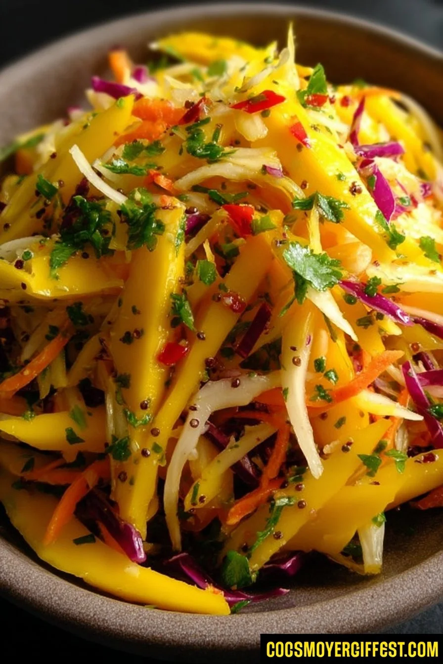 Bowl of colorful mango slaw with fresh vegetables and herbs