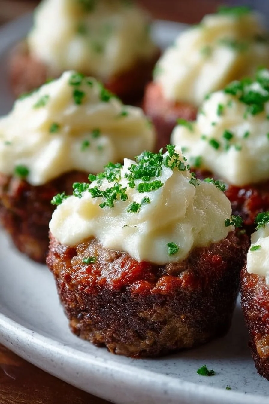 Delicious mini meatloaf muffins with mashed potato frosting on a plate