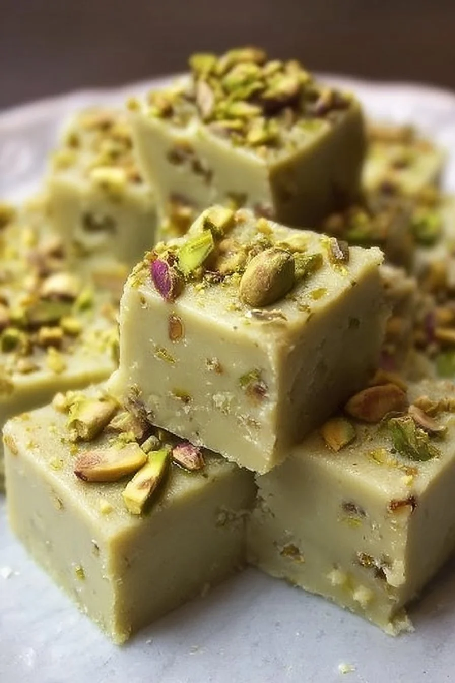 Homemade delicious pistachio fudge on a wooden platter