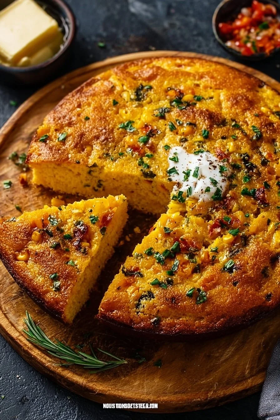 Delicious savory loaded cornbread fresh out of the oven with cheese and herbs