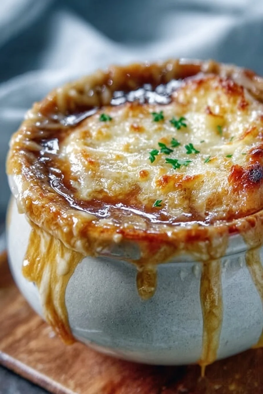 Delicious slow cooker French onion soup served with toasted bread and melted cheese.