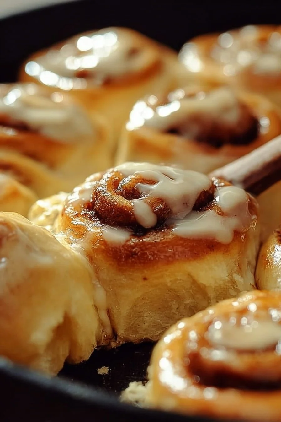 Freshly baked sourdough cinnamon rolls with frosting on top