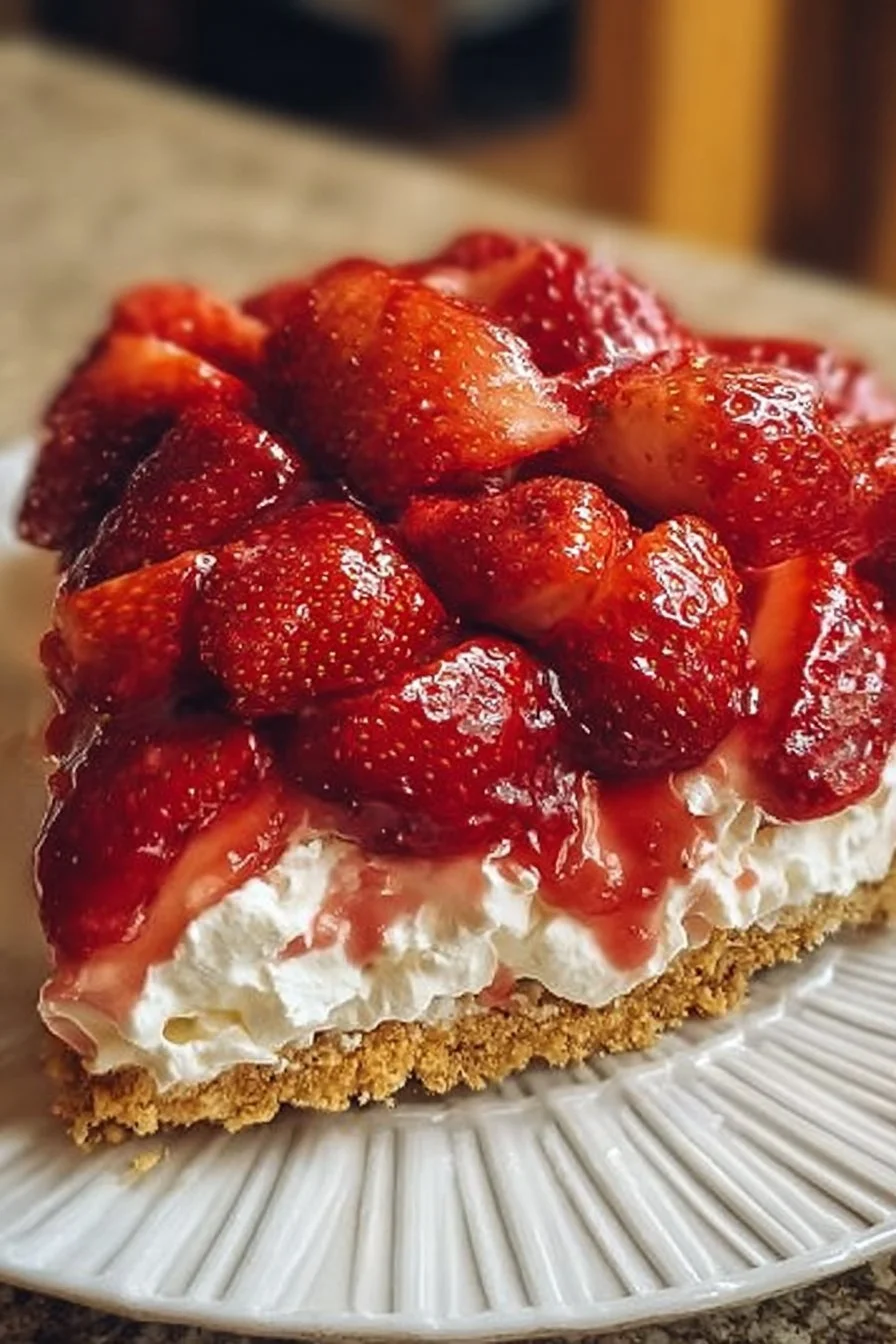 Delicious homemade strawberry icebox pie served on a dessert plate