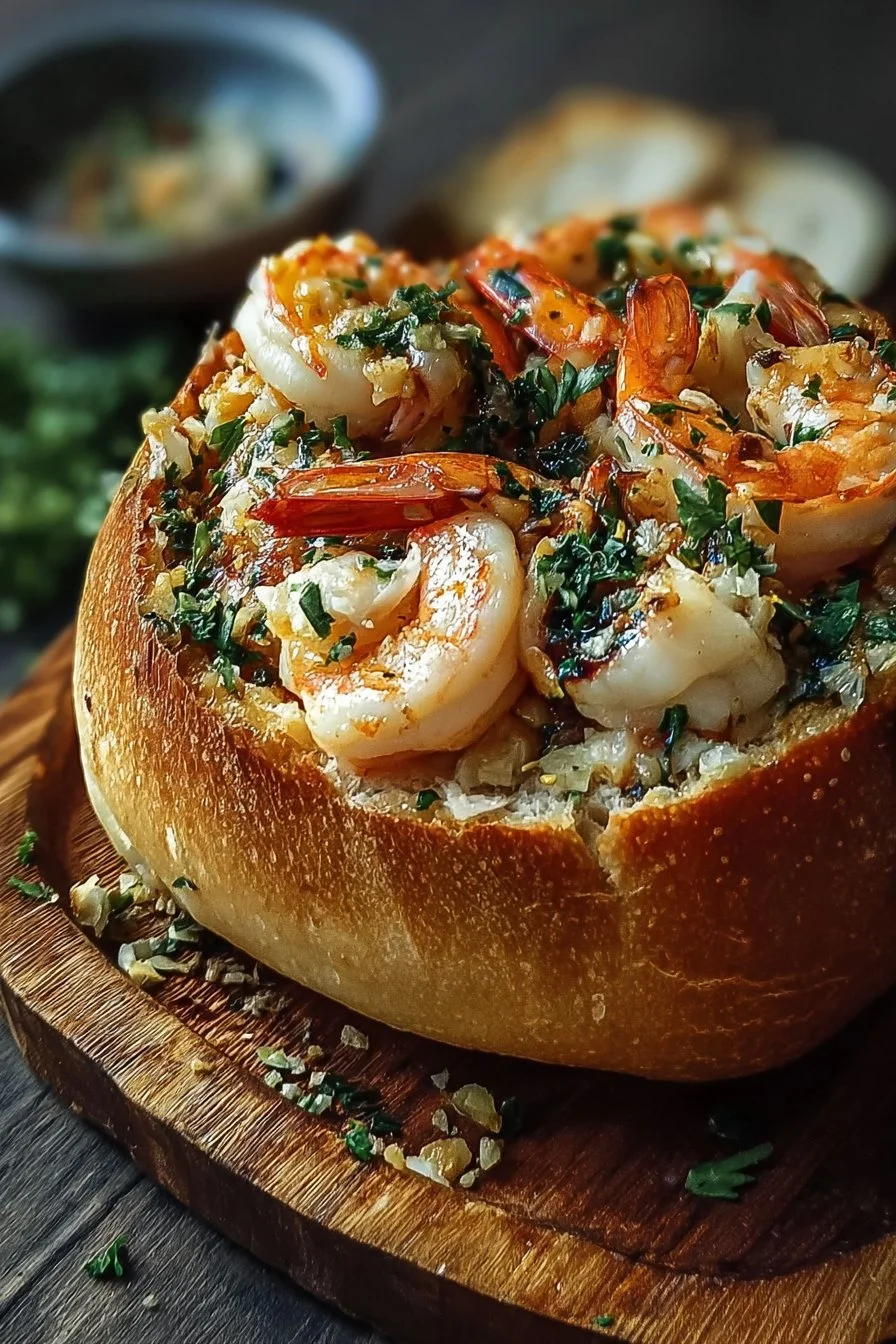 Delicious stuffed seafood bread bowl filled with fresh seafood and herbs