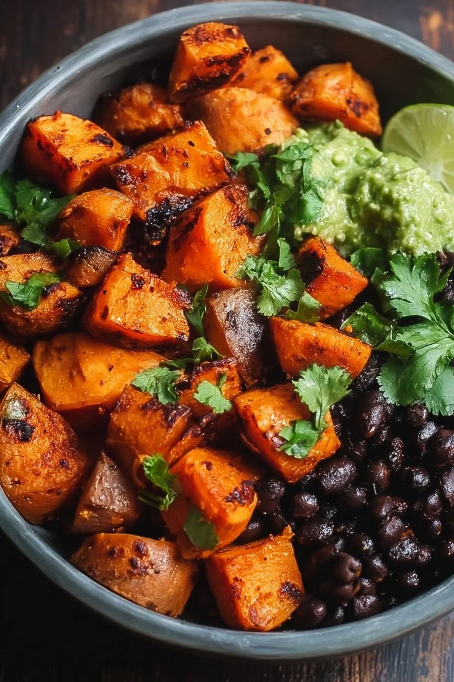 Delicious sweet potato and black bean bowl garnished with fresh herbs