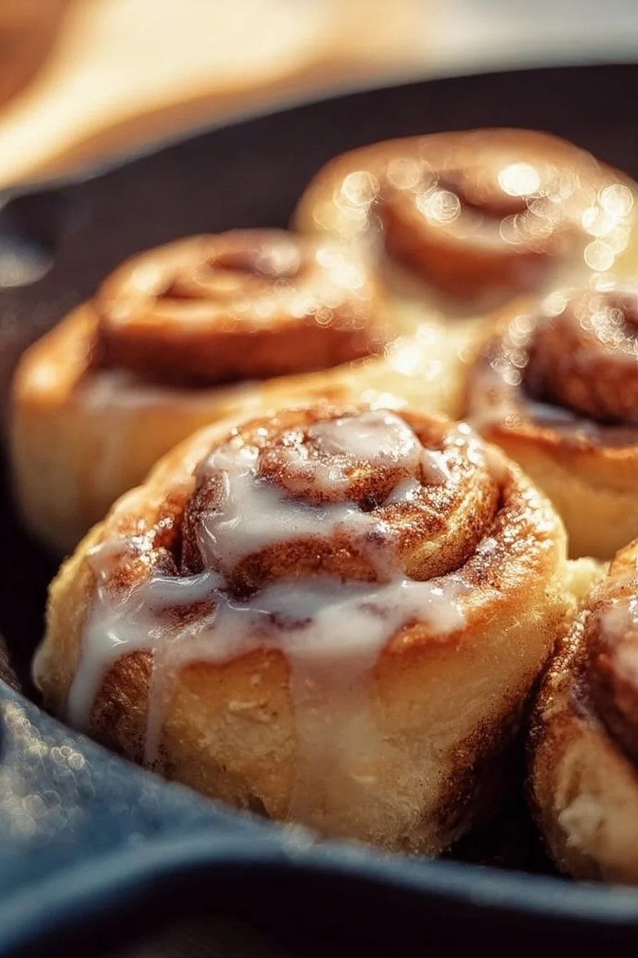 Delicious sourdough cinnamon rolls topped with icing on a wooden table.