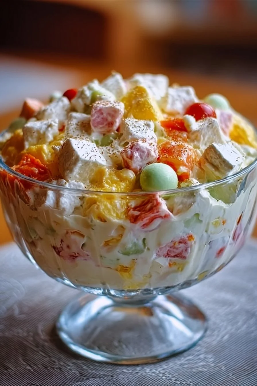 A colorful bowl of Easter Ambrosia Salad with fruits and marshmallows