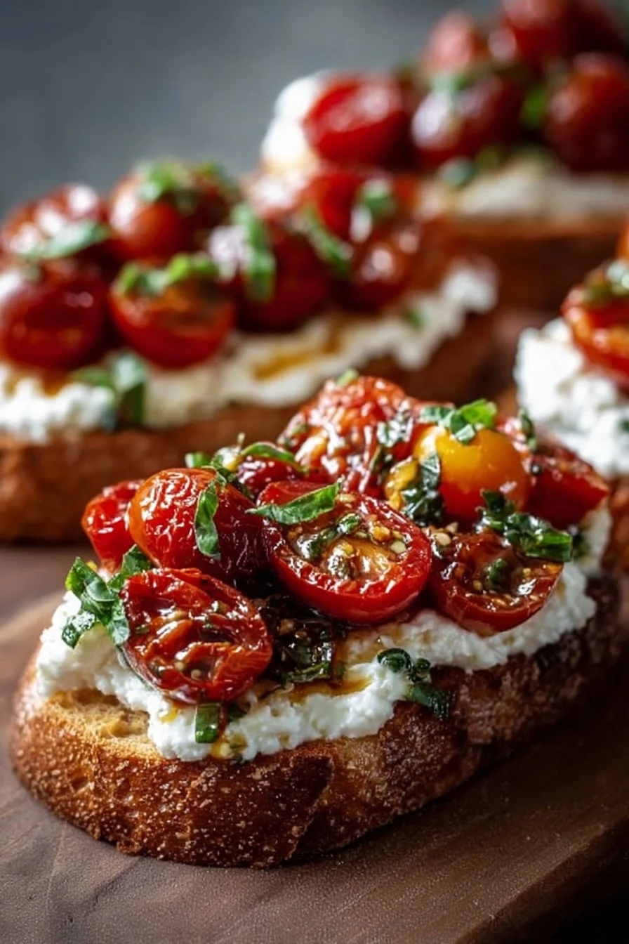 Delicious easy Burrata Bruschetta topped with fresh tomatoes and basil on toasted bread