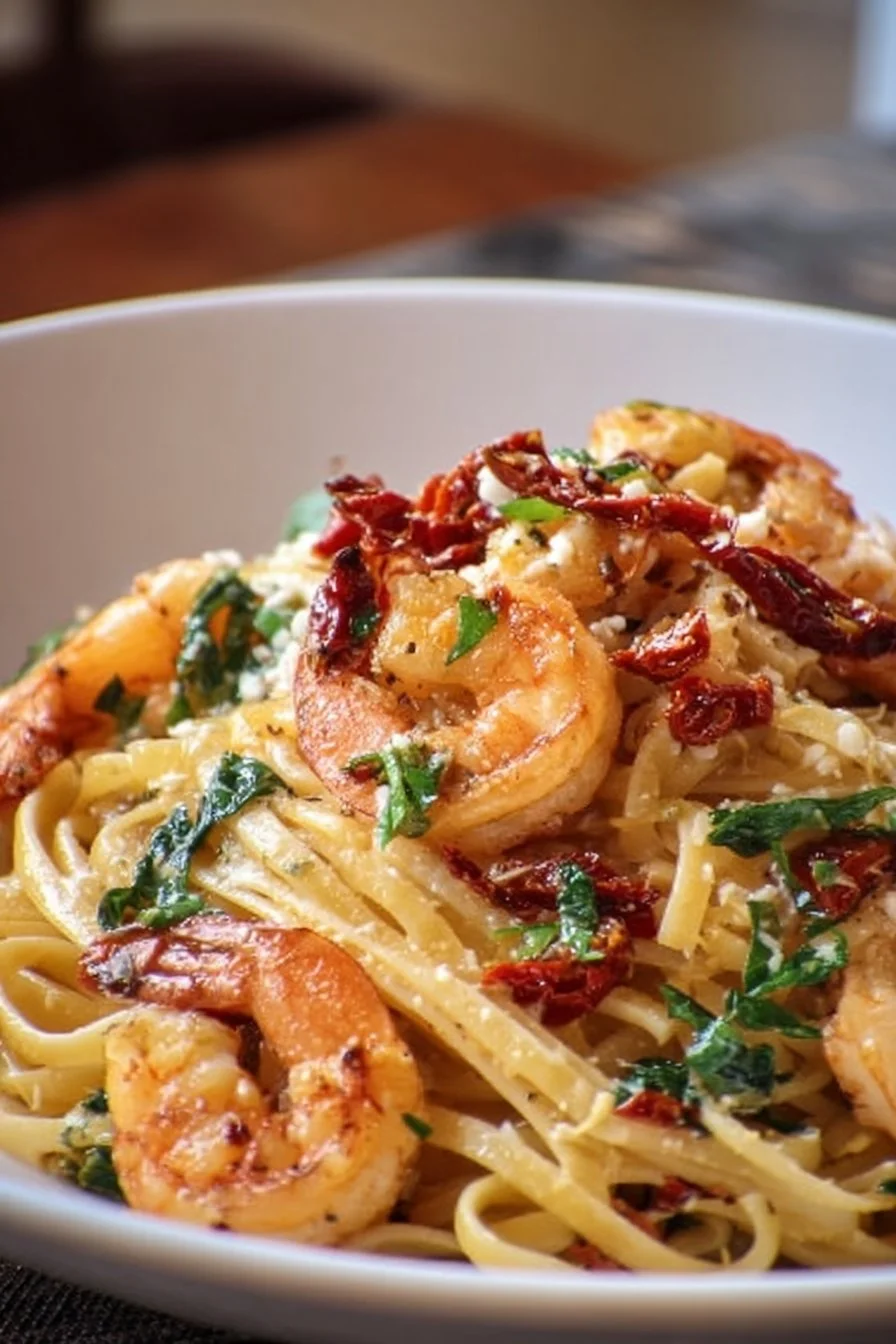 Creamy Tuscan shrimp pasta with sun-dried tomatoes on a plate