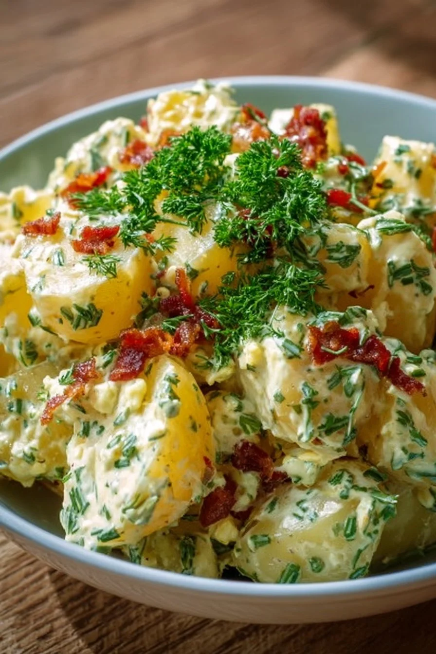 Bowl of Easy German Potato Salad with herbs and dressing