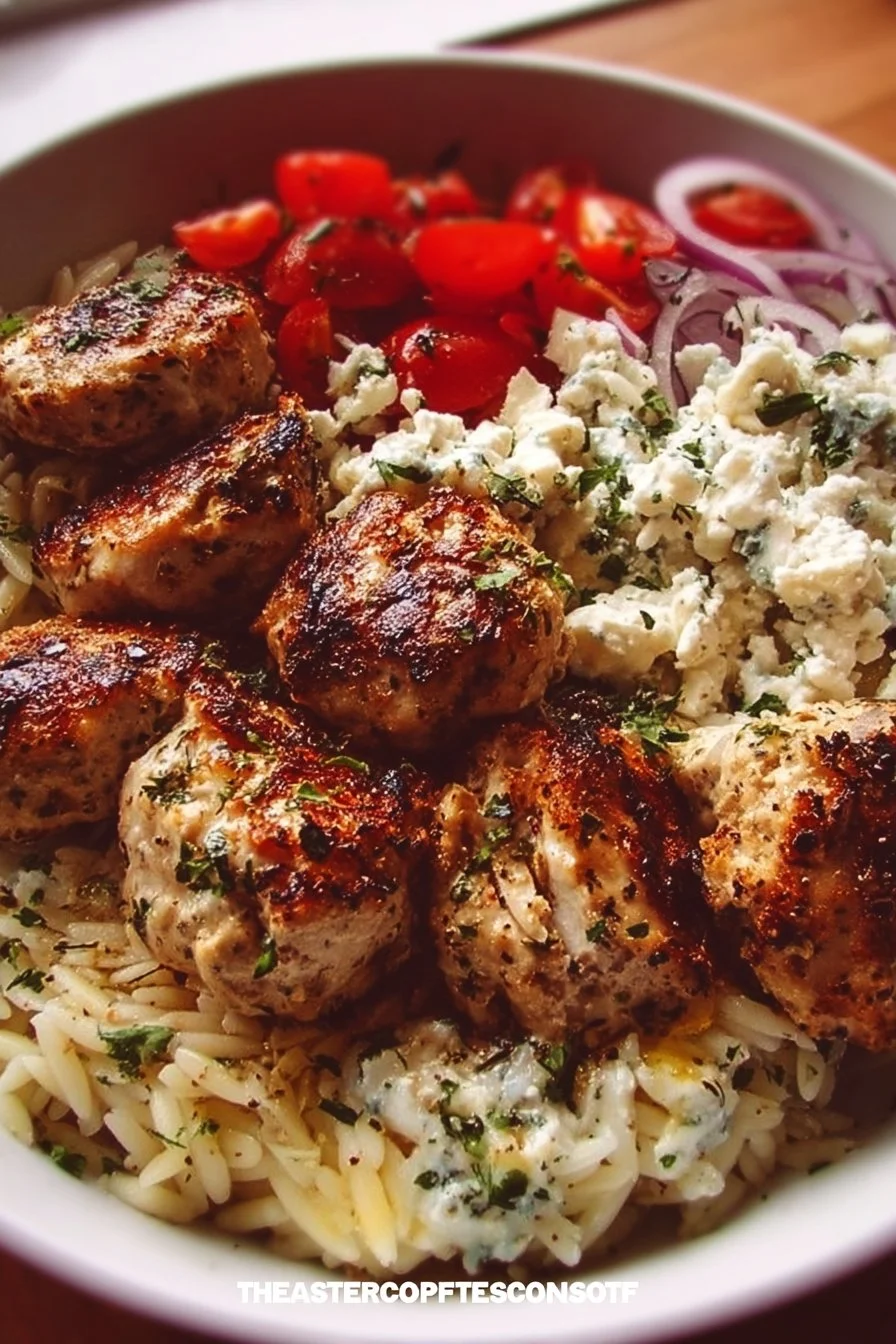 Easy Greek chicken meatballs served with lemon orzo in a bowl