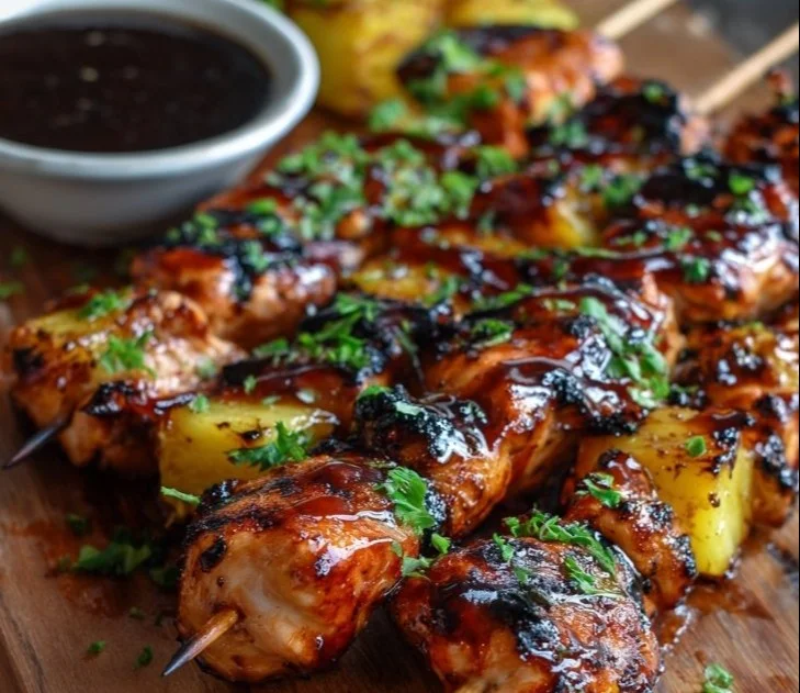 Delicious easy grilled pineapple BBQ chicken skewers on a barbecue grill.