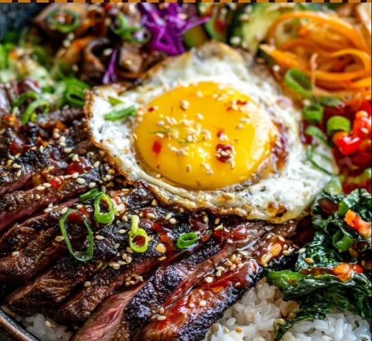 Delicious Korean BBQ steak rice bowl topped with fresh vegetables and sauce.