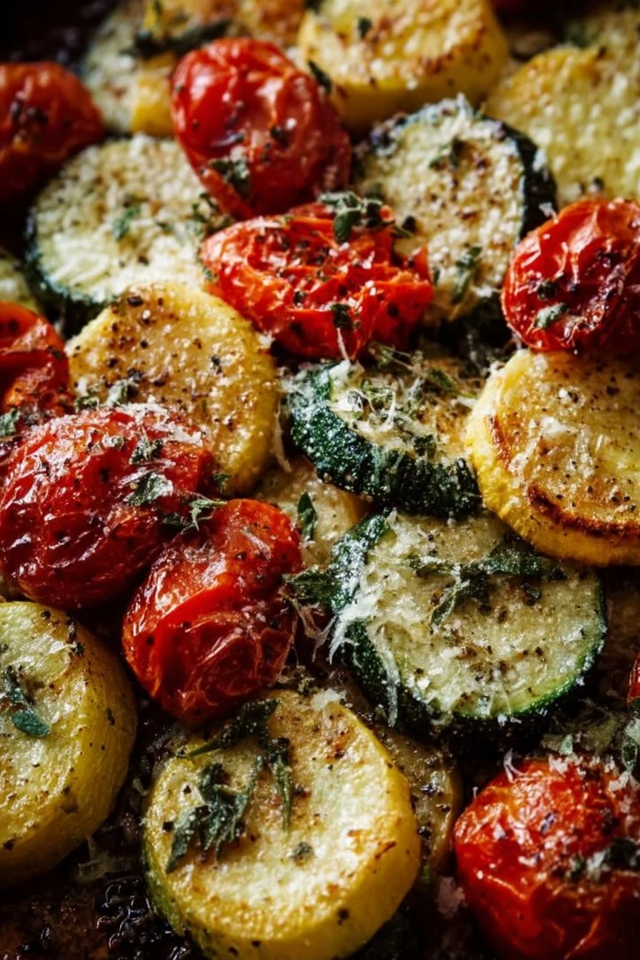 Plate of easy oven-roasted zucchini, squash, and tomatoes with Parmesan cheese