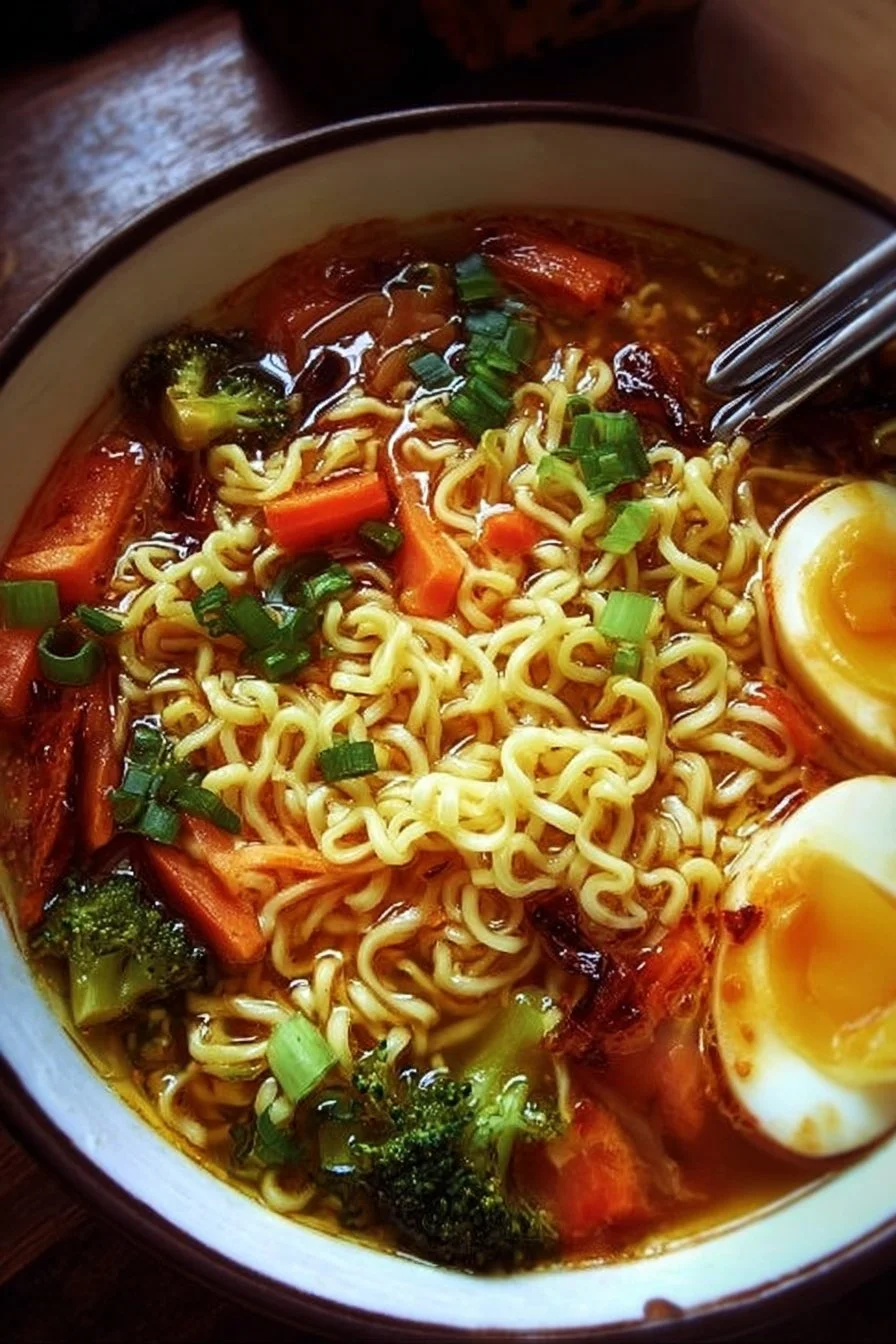 Bowl of easy ramen noodle with colorful vegetables and broth
