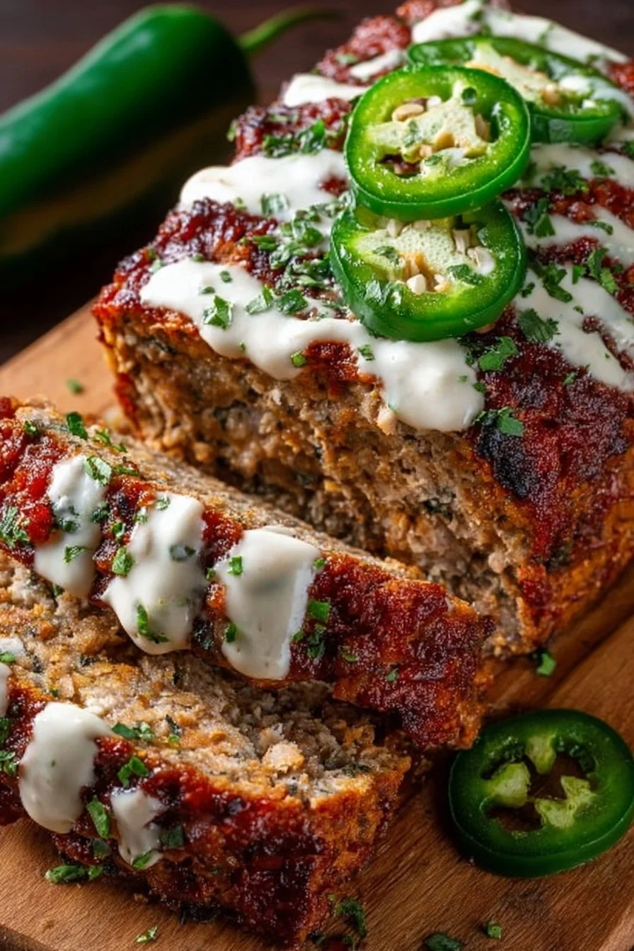 Smoky jalapeño popper meatloaf with creamy ranch drizzle on a plate