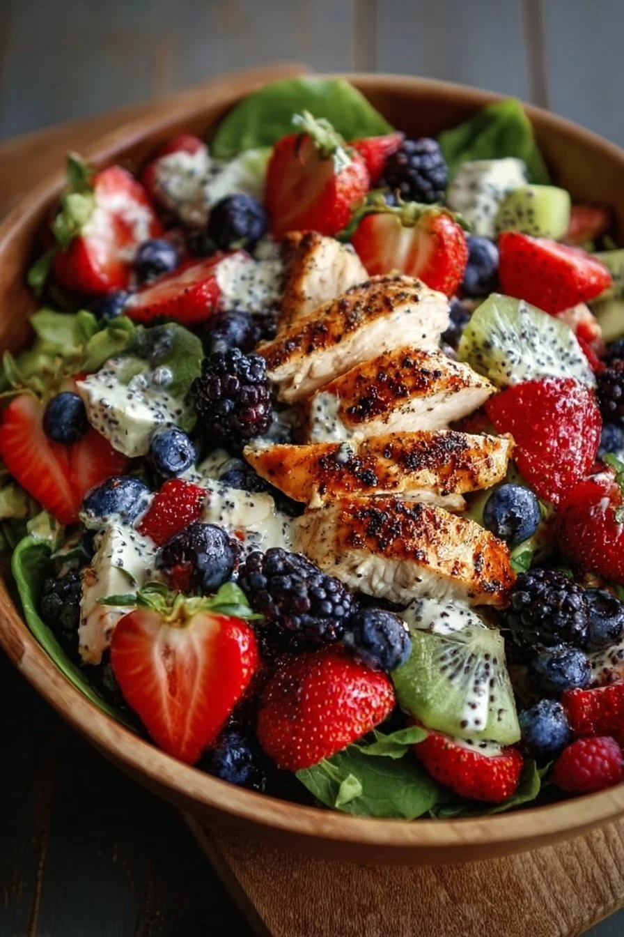 Easy summer berry chicken salad with poppy seed dressing on a plate