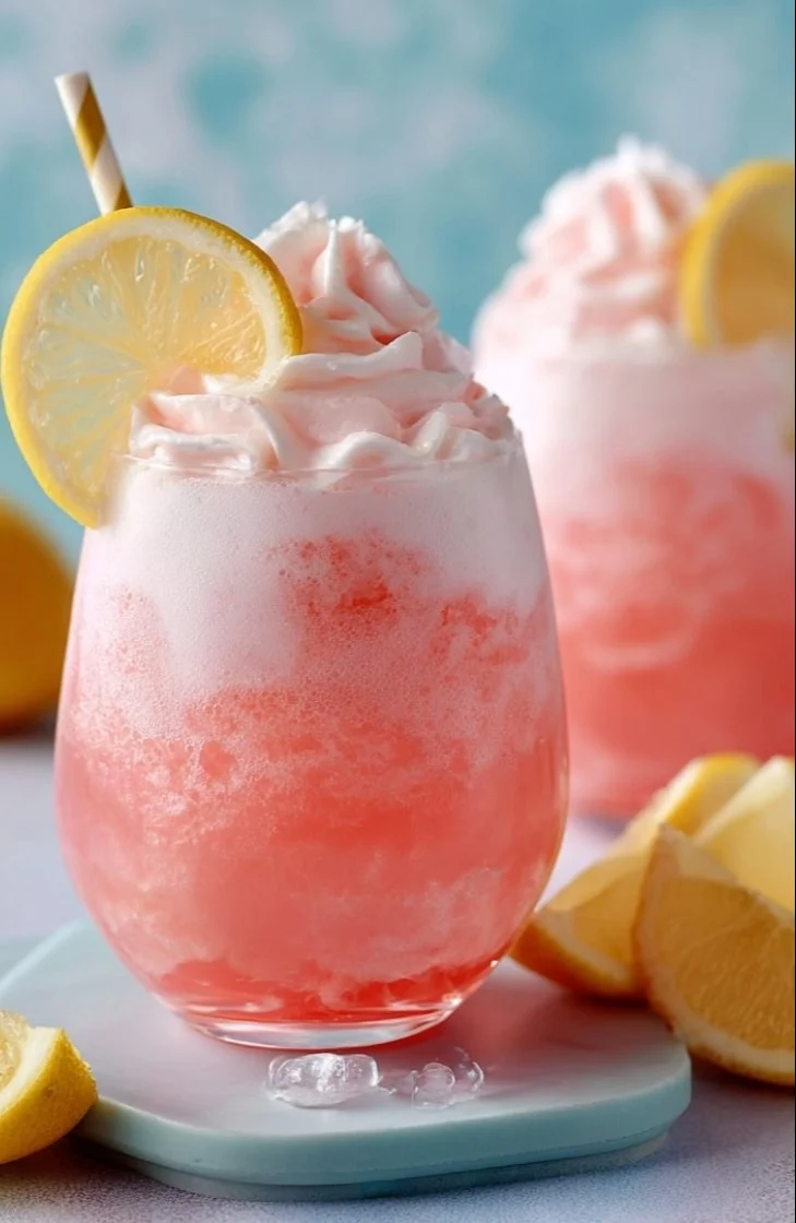 A glass of easy whipped pink lemonade topped with whipped cream and lemon slices.