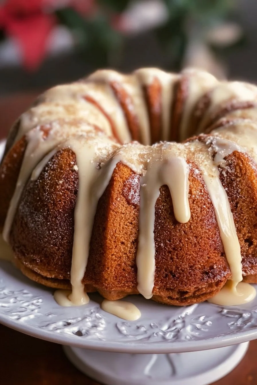 Slice of Eggnog Bundt Cake with Eggnog Frosting on a decorative plate