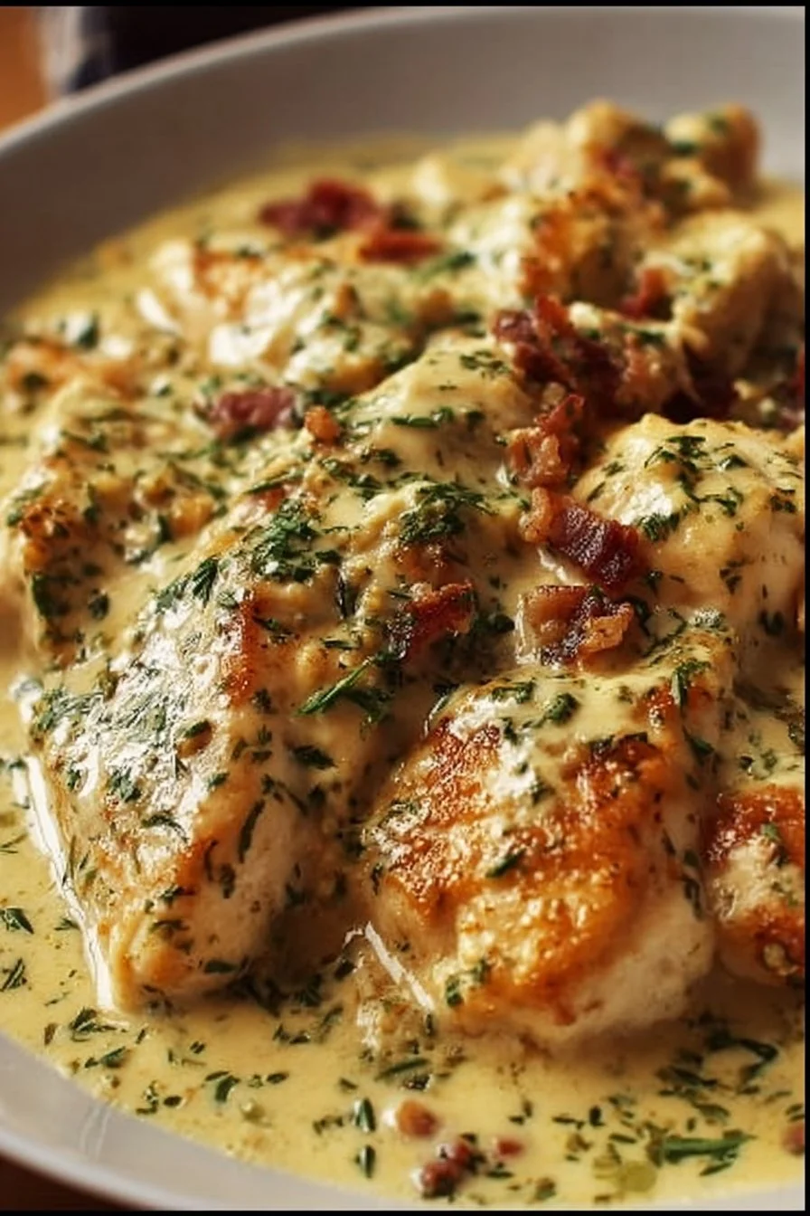 Creamy ranch chicken dish served with herbs and vegetables