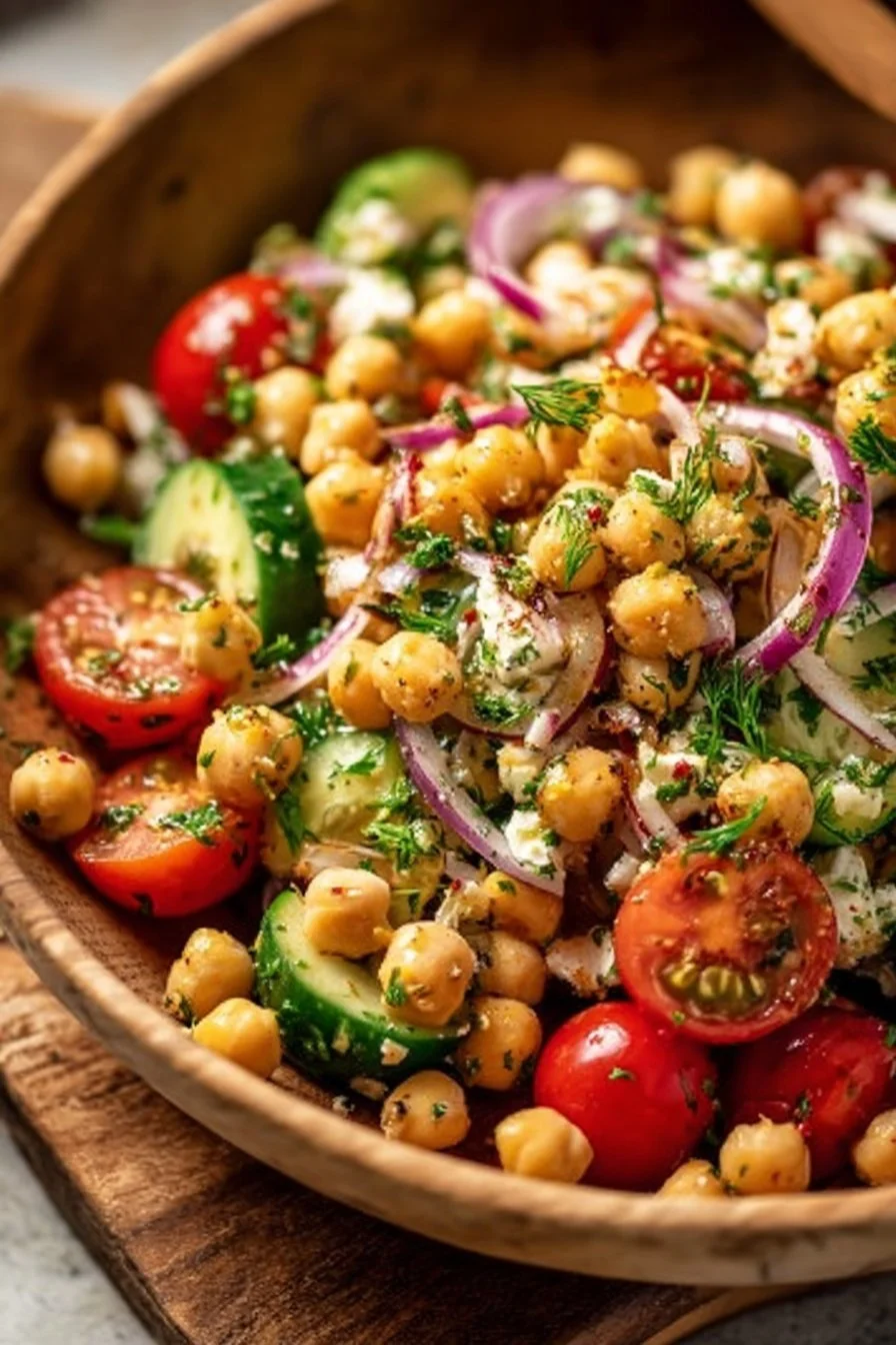 Fresh chickpea salad with colorful vegetables and dressing