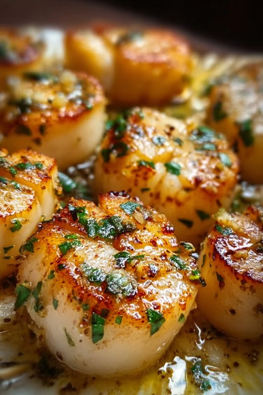 Garlic Butter Baked Scallops garnished with herbs and spices