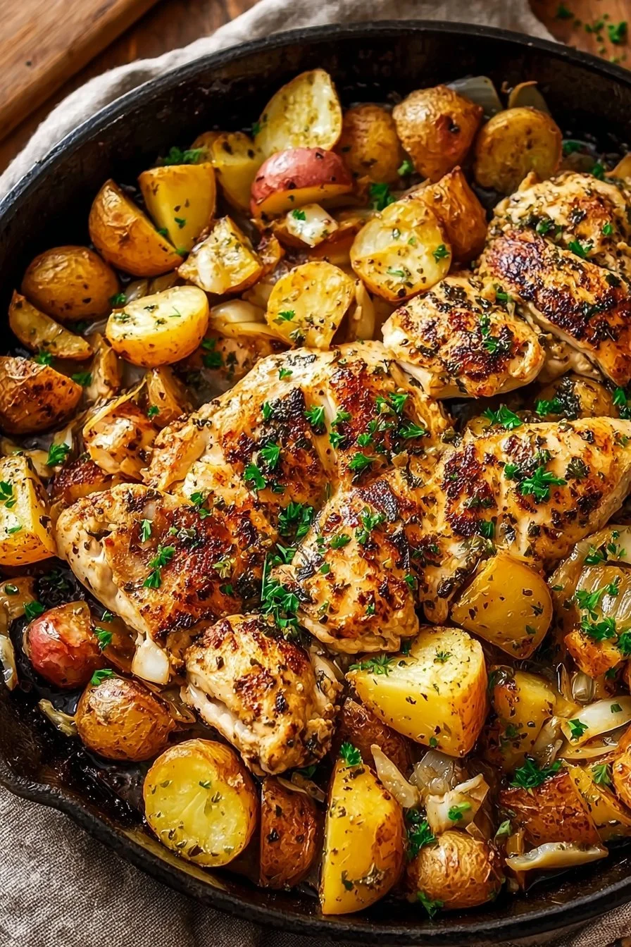 Delicious Garlic Butter Chicken and Potatoes Skillet dish served in a pan