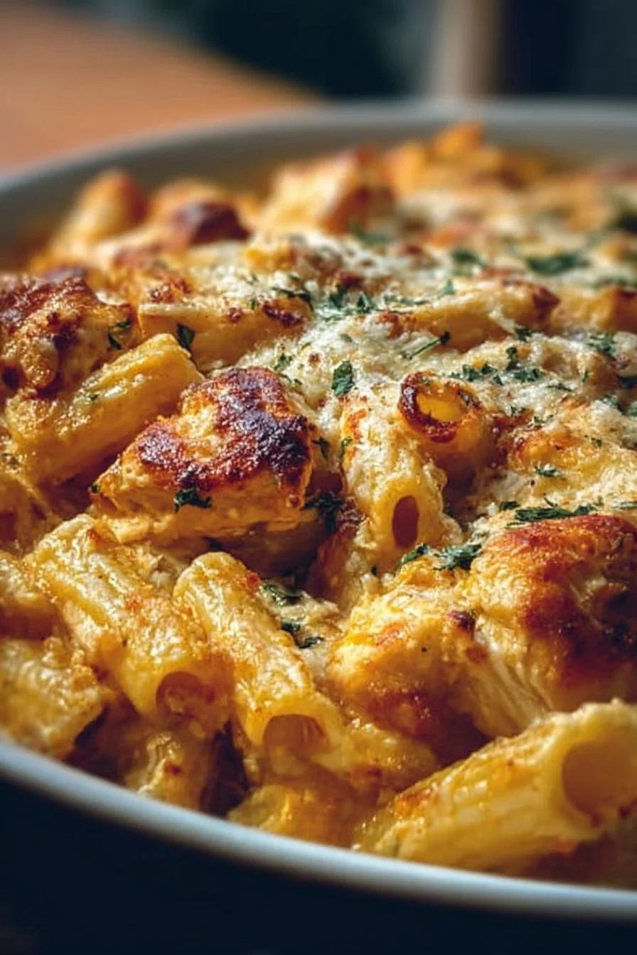 Garlic Parmesan Chicken Pasta Bake with chicken, pasta, and creamy sauce