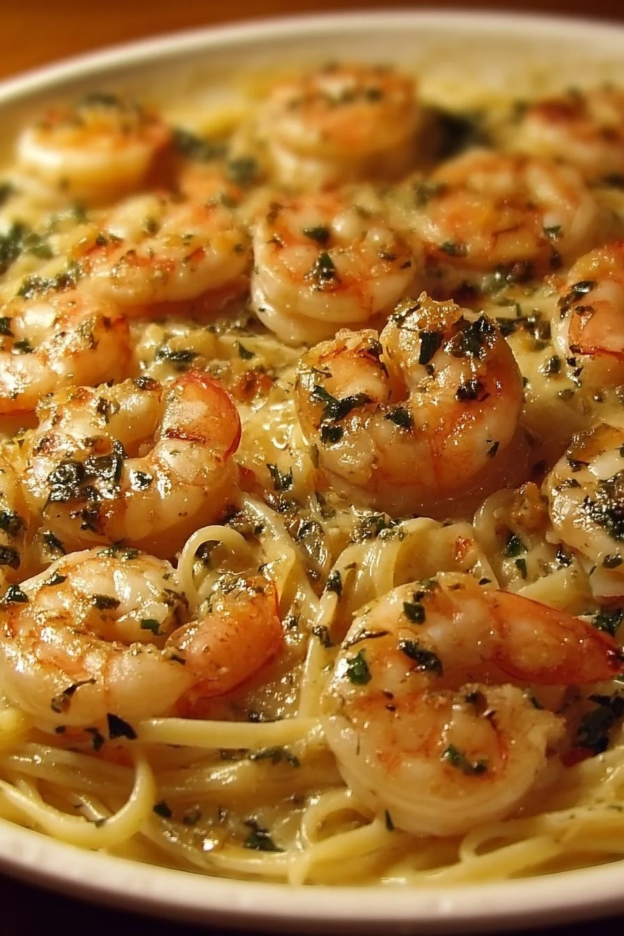 Plate of Garlic Shrimp Pasta with shrimp, garlic, and herbs
