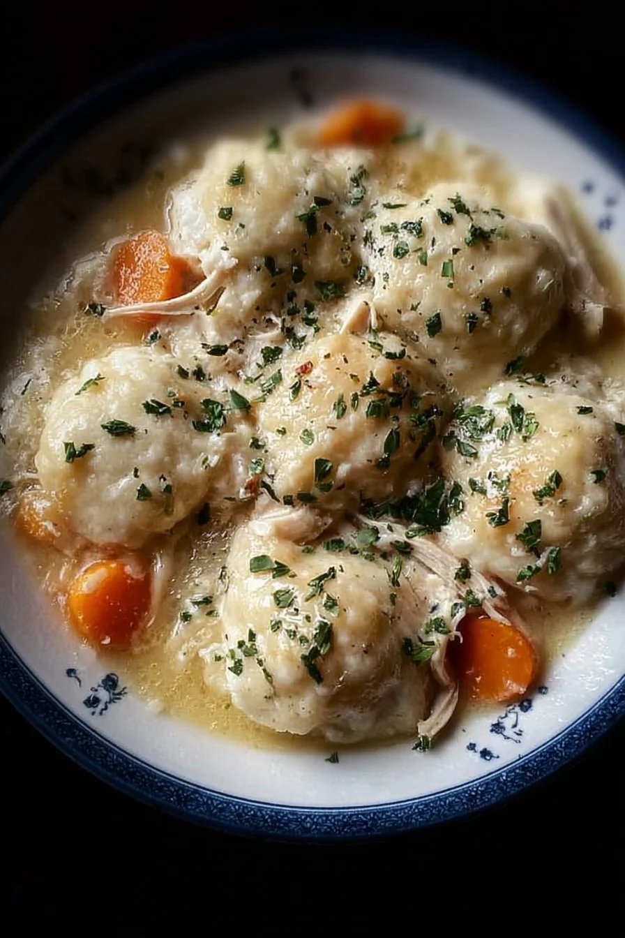 Bowl of gluten free chicken and dumplings served with fresh herbs and vegetables.