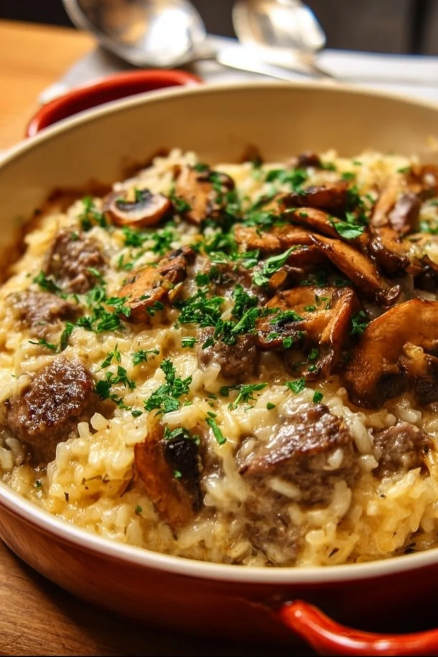 Golden Creamy Beef and Mushroom Rice Bake served in a casserole dish