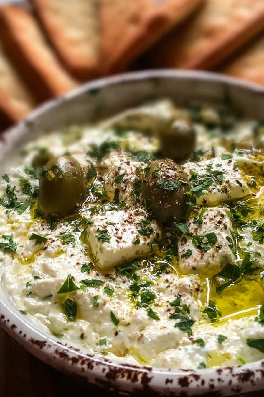 Creamy green olive and feta cheese dip served with bread and vegetables