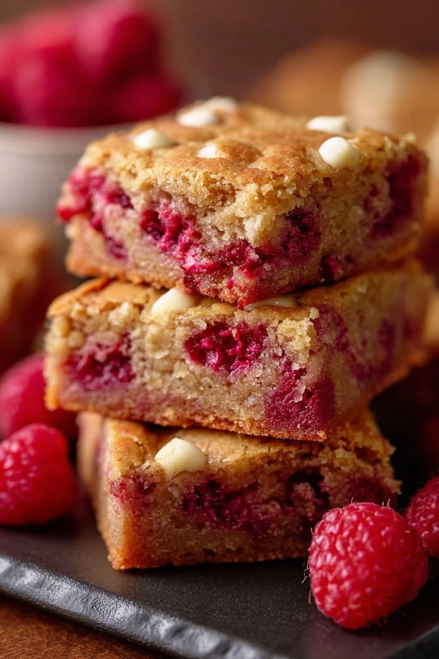 Delicious healthy raspberry blondies with white chocolate pieces