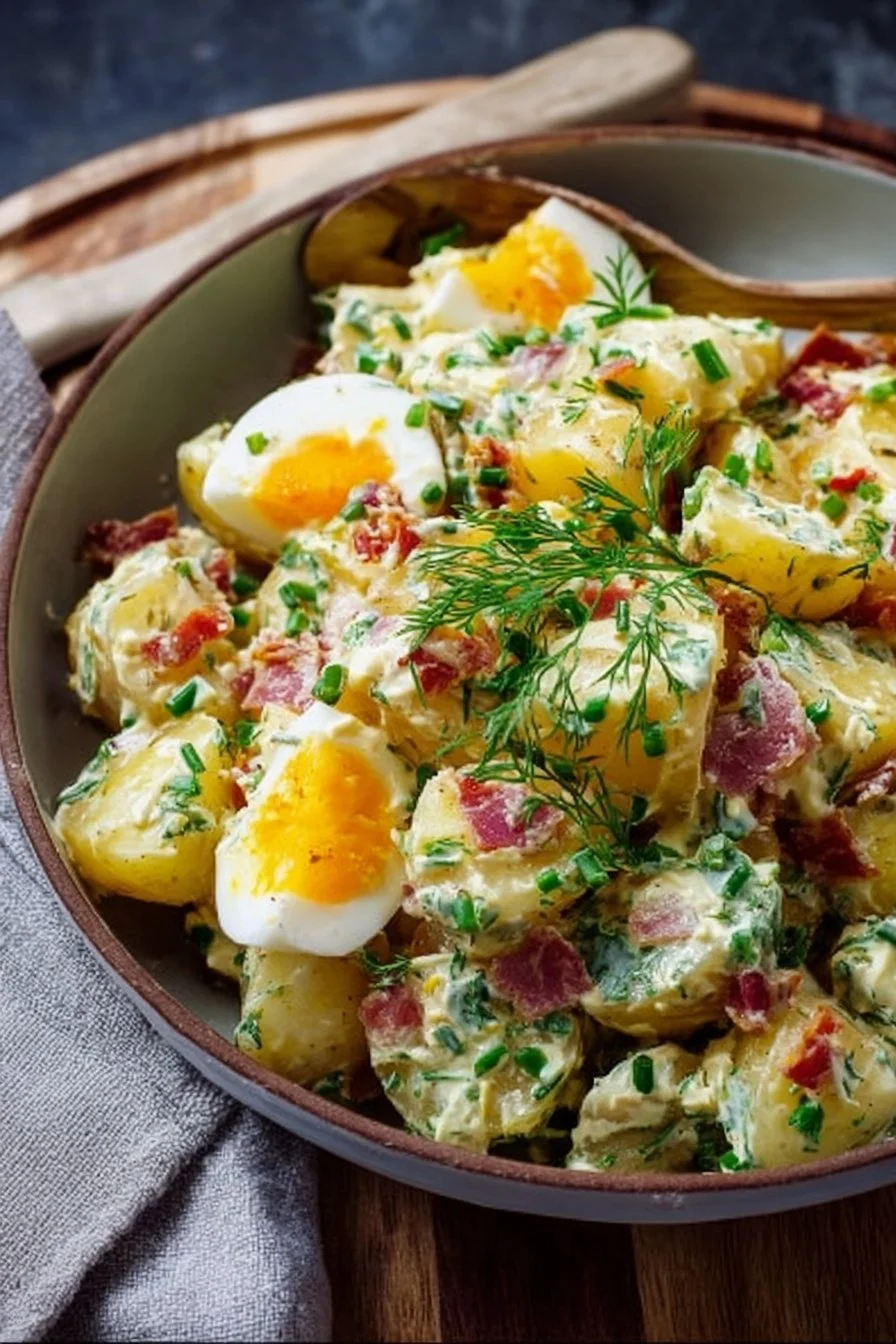 Hearty German potato salad served in a bowl, ideal for nutritious lunches