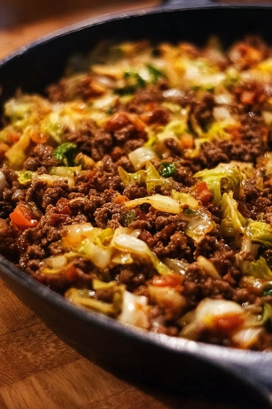 Hearty Ground Beef and Cabbage Skillet served in a stylish dish