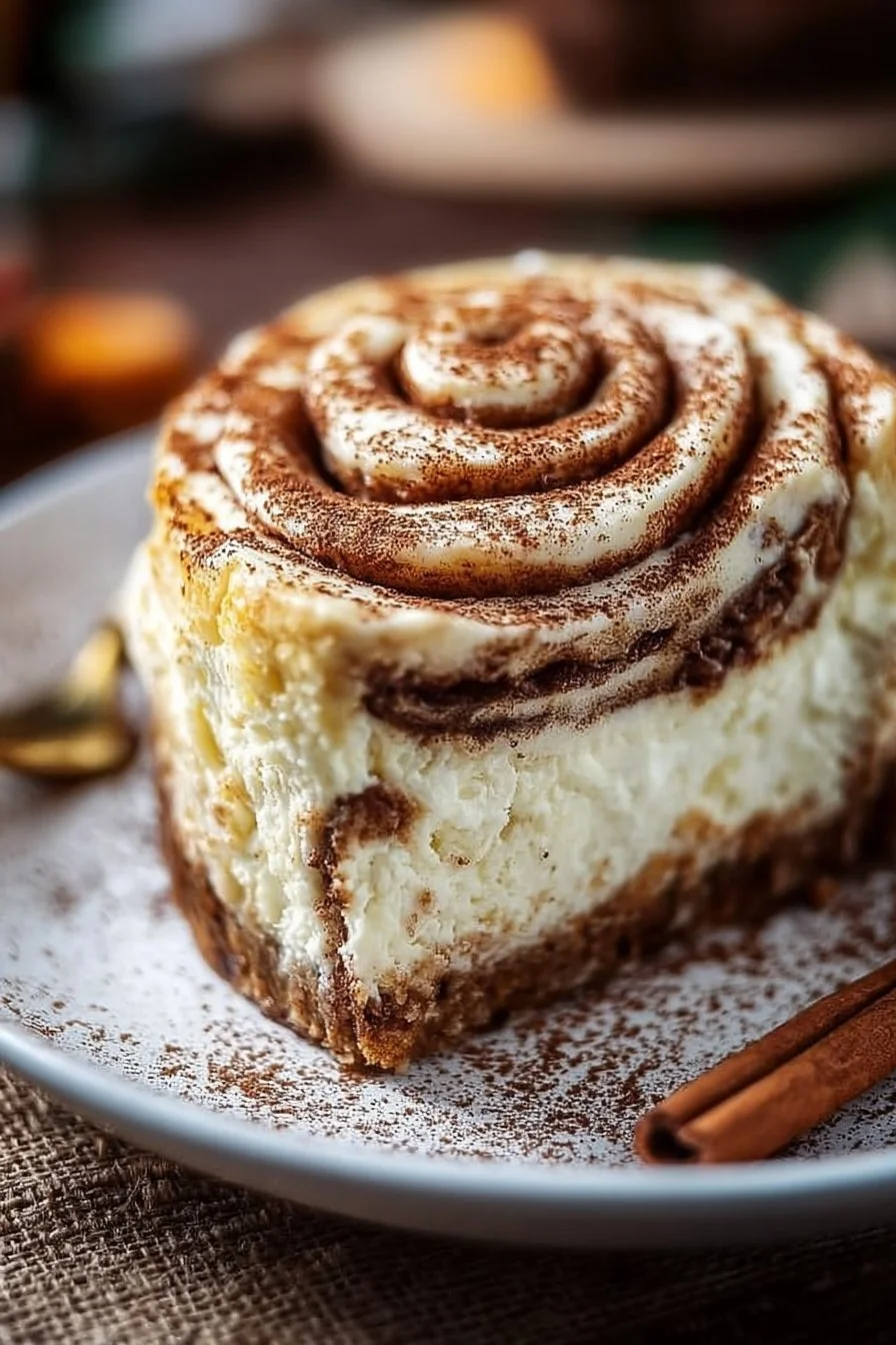 Delicious Heavenly Cinnamon Roll Cheesecake topped with swirl icing