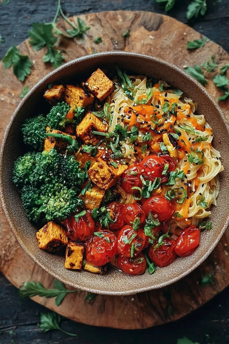 A colorful plate of high-protein vegan recipes with various vegetables and legumes.