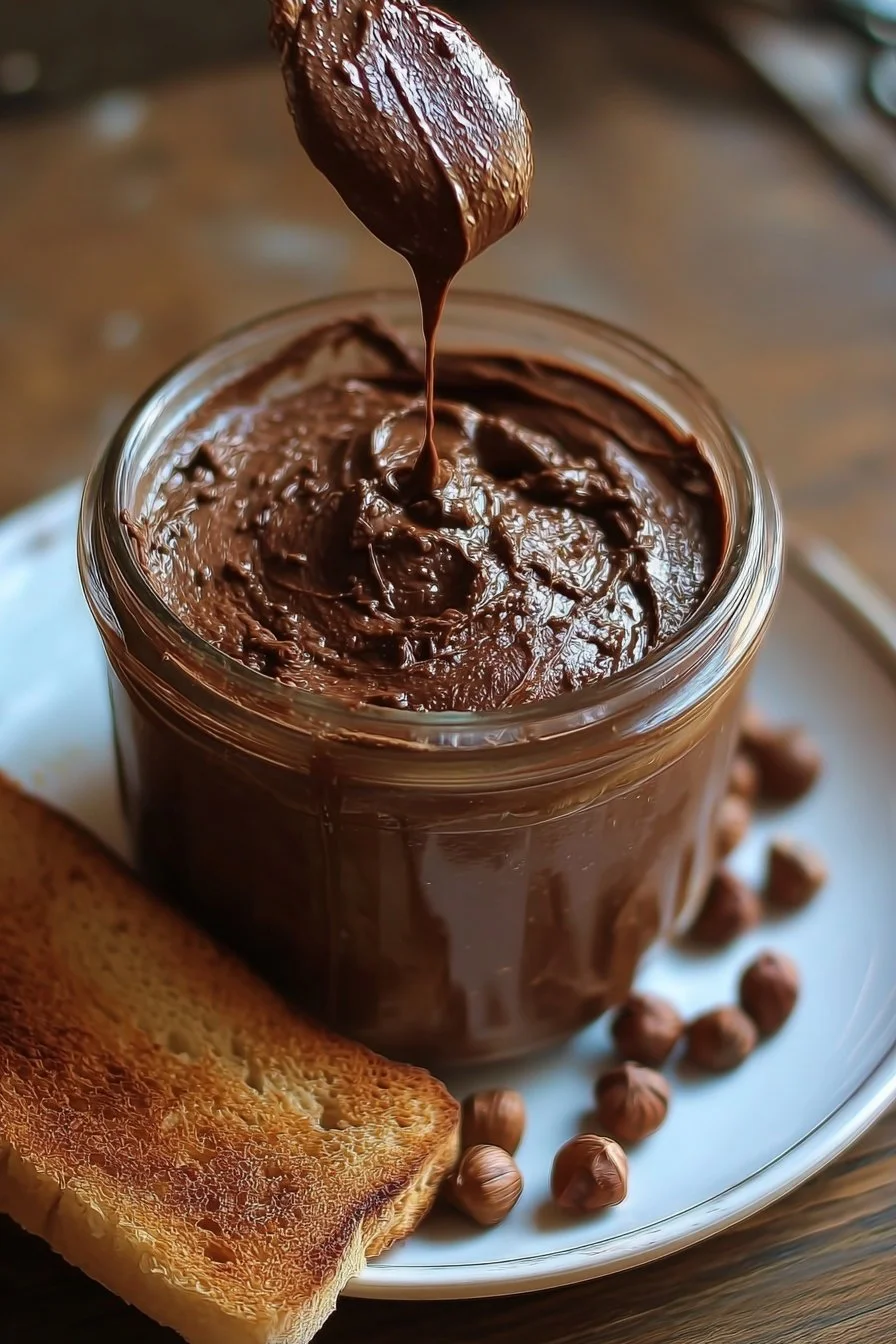 Homemade Nutella spread in a jar with chocolate and hazelnuts