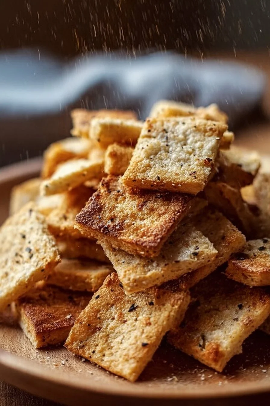 Homemade sourdough crackers arranged on a wooden serving board