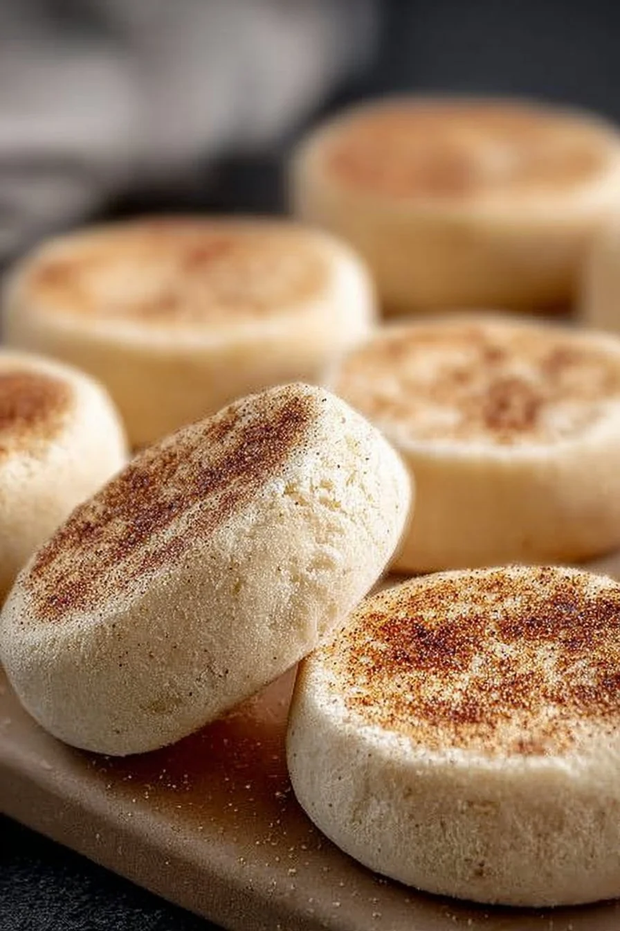 Freshly baked homemade sourdough English muffins on a cooling rack