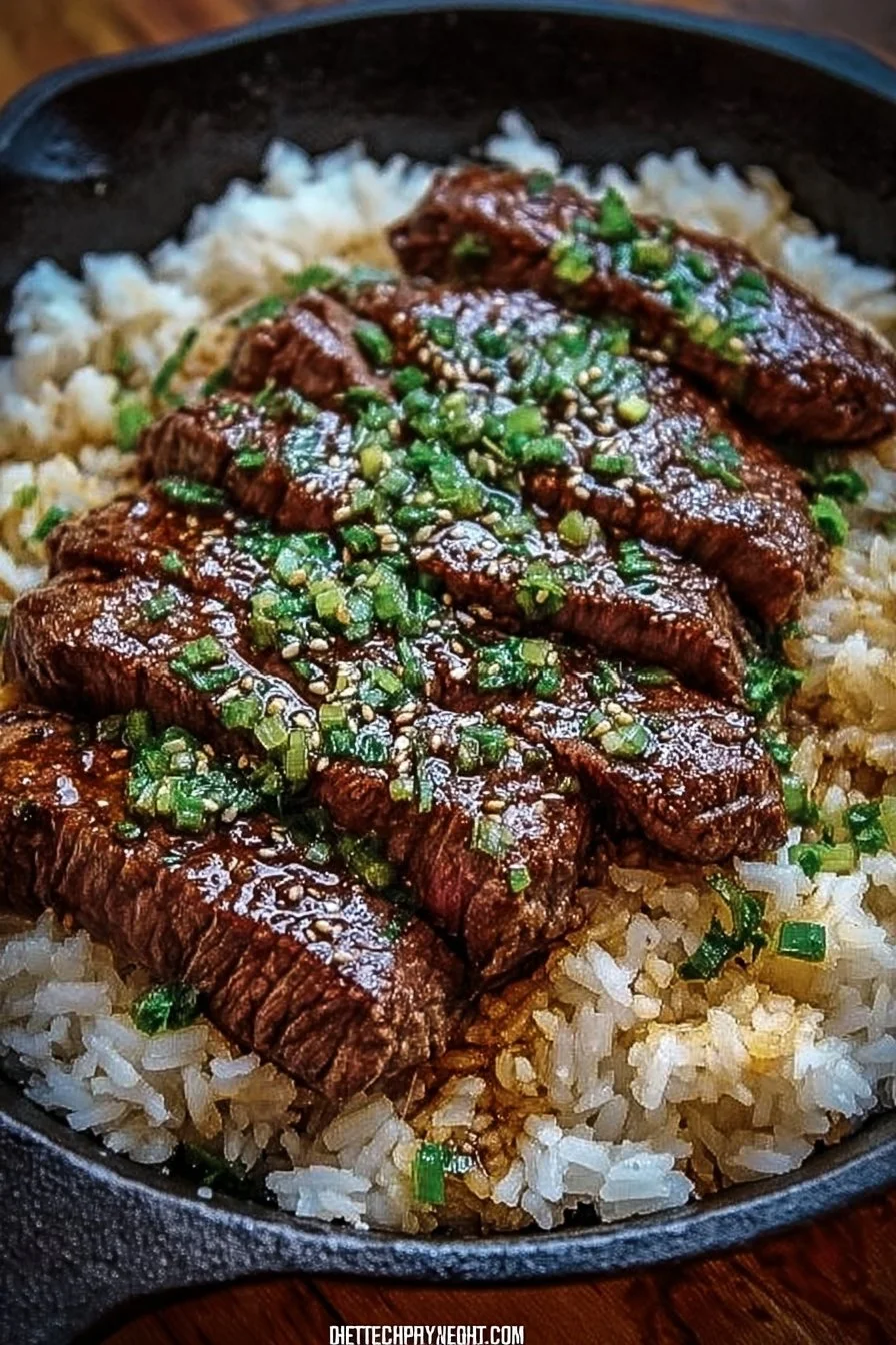 Honey Garlic Butter Steak served in a skillet with rice and vegetables