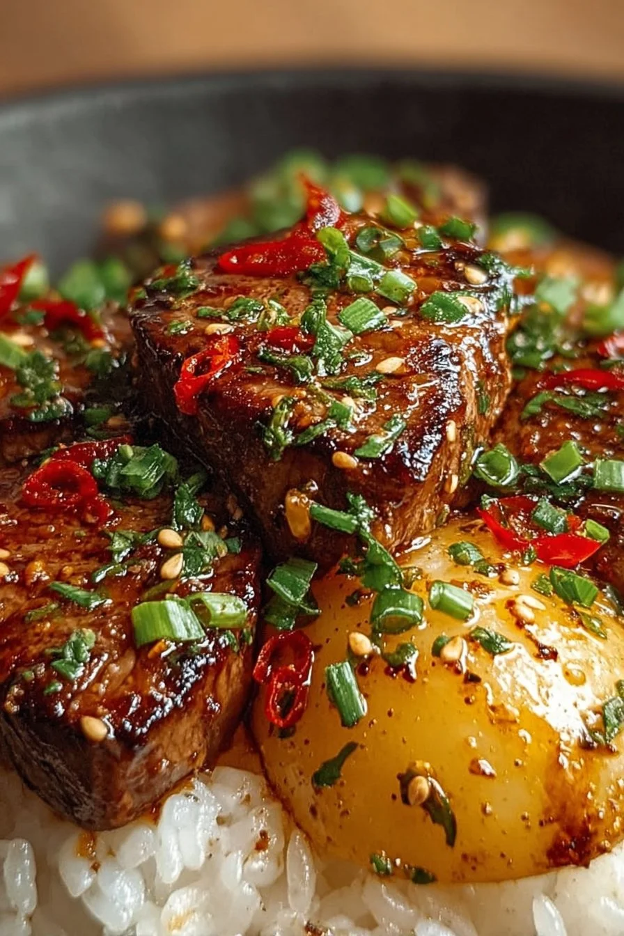 Honey Garlic Butter Steak with rice skillet dish