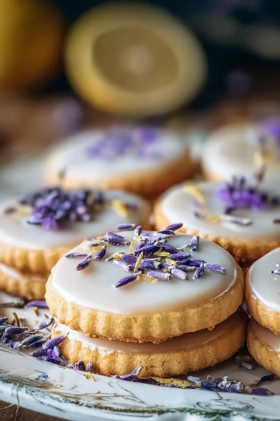 Iced lemon lavender shortbread cookies on a decorative plate