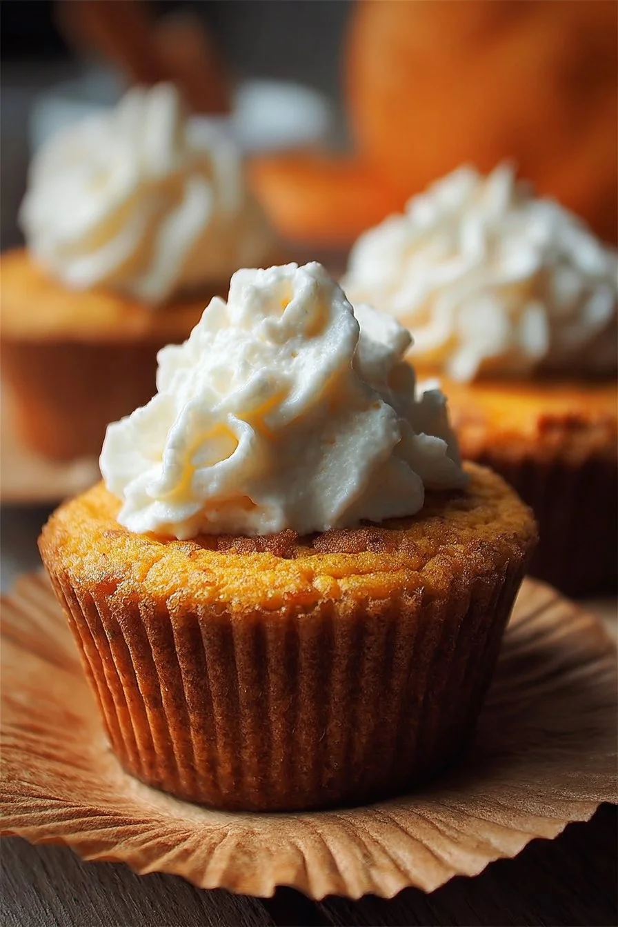 Delicious pumpkin pie cupcakes topped with creamy frosting, perfect for fall desserts.