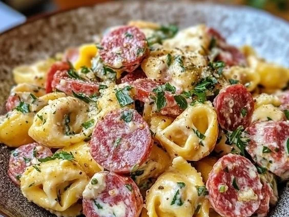 Irresistible Salami-Mozzarella Tortellini Pasta Salad served in a bowl.