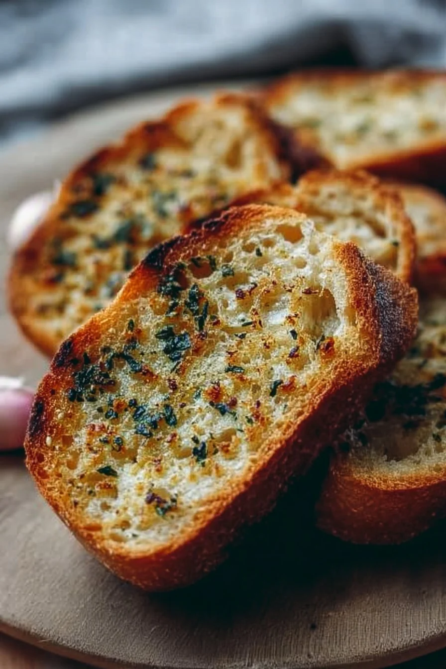 Delicious homemade sourdough garlic bread with golden crust and herbs