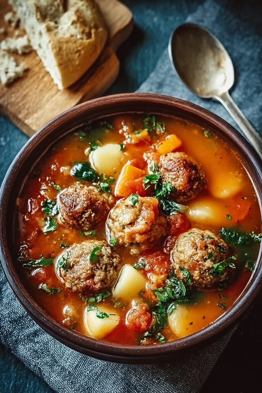 Bowl of Italian meatball soup garnished with herbs and vegetables